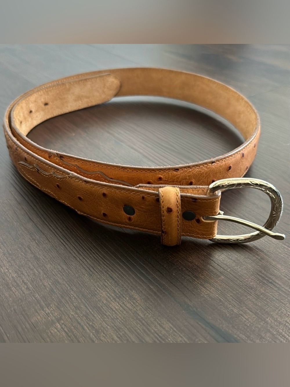 OSTRICH LEATHER BELT FULL QUILL LIGHT TAN  SIZE 38